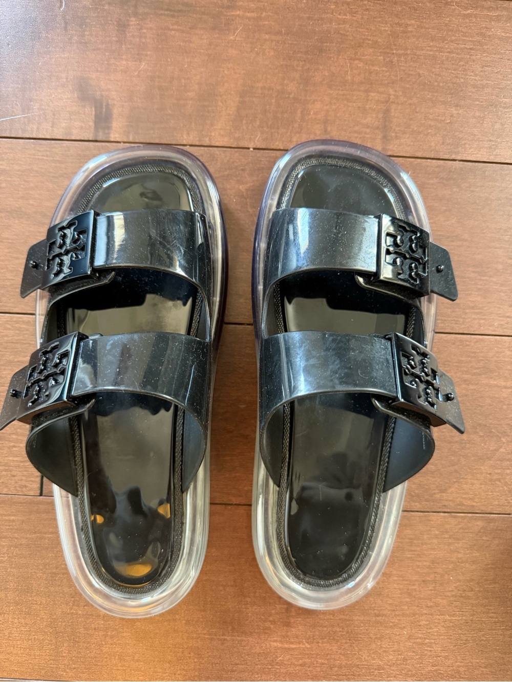 Tory Burch Black Double-Buckle Slide Sandals with Clear Soles